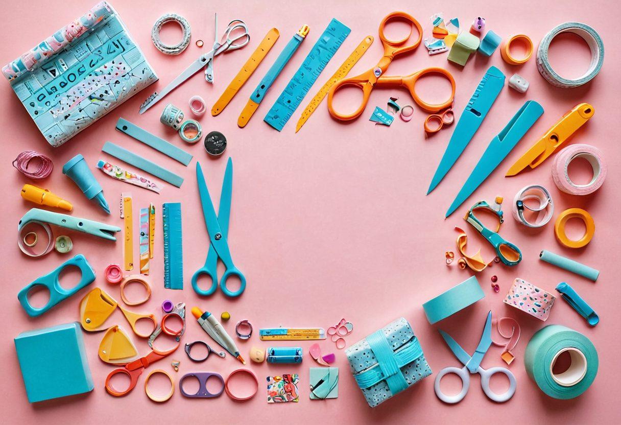 A cheerful workspace filled with colorful, premium gadgets like craft scissors, vibrant washi tapes, and bright glue guns, all arranged playfully. Add a smiling craft enthusiast surrounded by inspiring projects, radiating joy and creativity. Incorporate soft pastel colors to evoke a happy atmosphere. super-realistic. vibrant colors. soft pastel background.