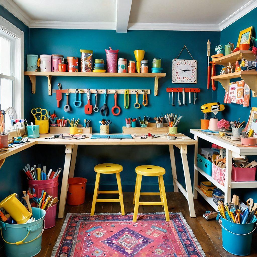 A whimsical workshop filled with colorful and joyful tools, showcasing a transition from a cluttered workspace to a stunning, renovated room filled with vibrant decor. Include cheerful elements like a smiling paint can, sparkly saws, and playful measuring tapes, with a magical aura enveloping the space. super-realistic. vibrant colors. enchanting atmosphere.